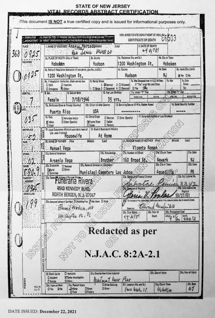 Black and white death certificate. Has Ana Mercado's birthday, date of death, and other sensitive information.