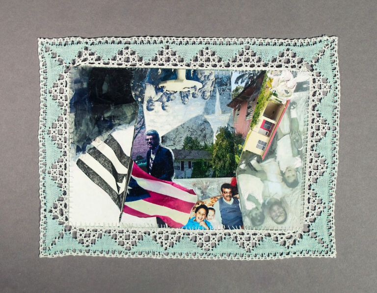 Blue lace-lined photo collage. Images of Puerto Rican flags, family photos, and a traditional Puerto Rican house.