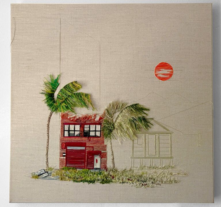 Straw-colored embroidery thread outlines the shape of an older style of house next to the full color embroidery of a newer styled house. There are palm trees surrounding the houses and a red sun above the houses.