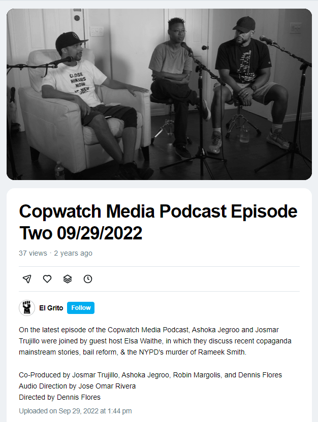 Screenshot from Vimeo - Elsa Waithe, Ashoka Jegroo and Josmar Trujillo sit in a line with microphones set up in front of them. The video is in black and white.