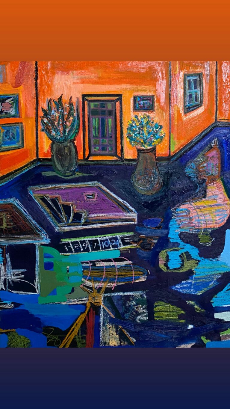 An orange-walled room with a blue floor. The room is filled with plants, art, stairs, and abstract shapes on the floor. There are the numbers 1,2,4,7,10, and 24 on the floor.