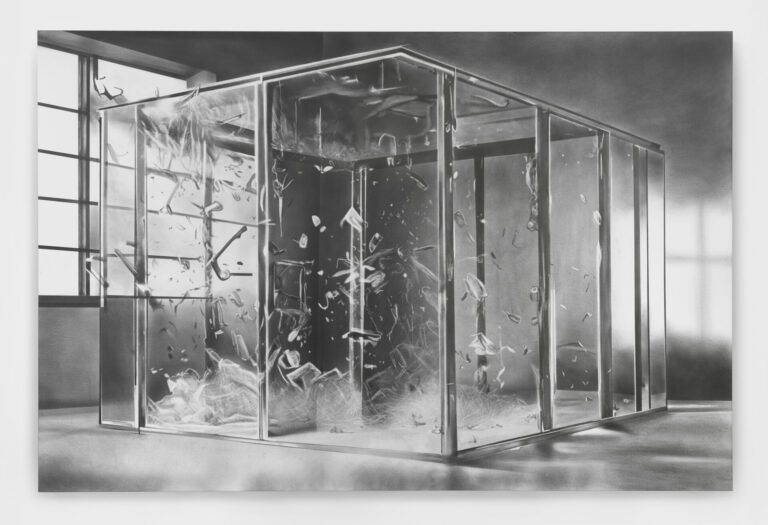 Artwork in values of gray and white. It depicts a large box of glass reinforced by a segmented structure in a large room with a window. The glass of the box is shattering.