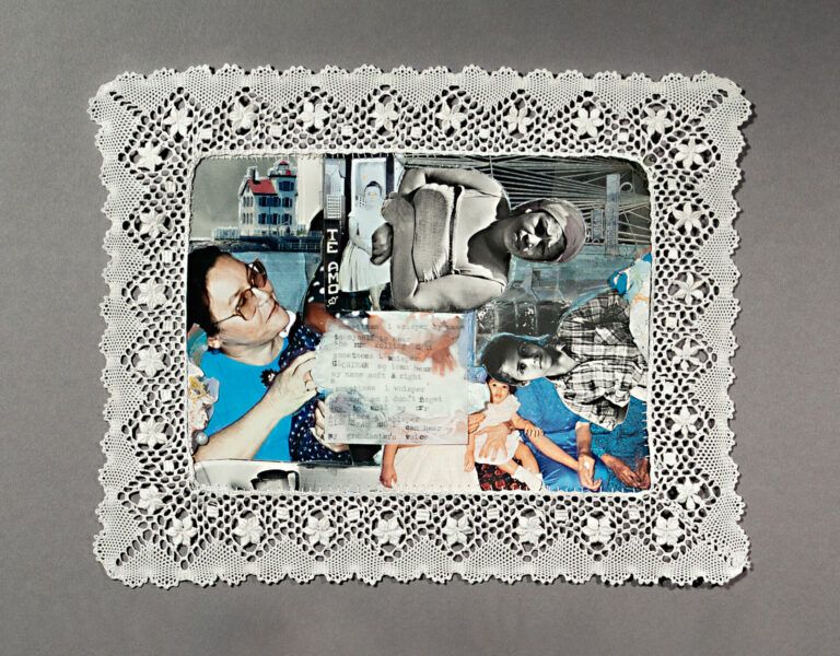 A type-written poem is centered in a lace-lined photo collage. Images include women, "TE AMO," a red-roofed building, and coffee.