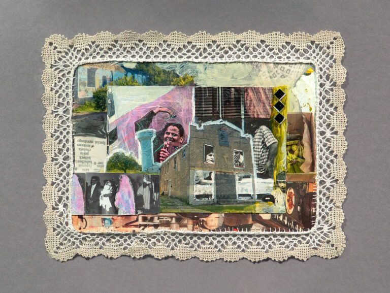 A lace-lined photo collage of a church, a water tower, people gathering, a typed list of food, platanos, and table settings.