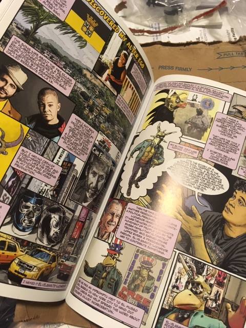 An image of the two-page spread of Miguélàngel Ruiz' El Vejigante Luchador origin story.