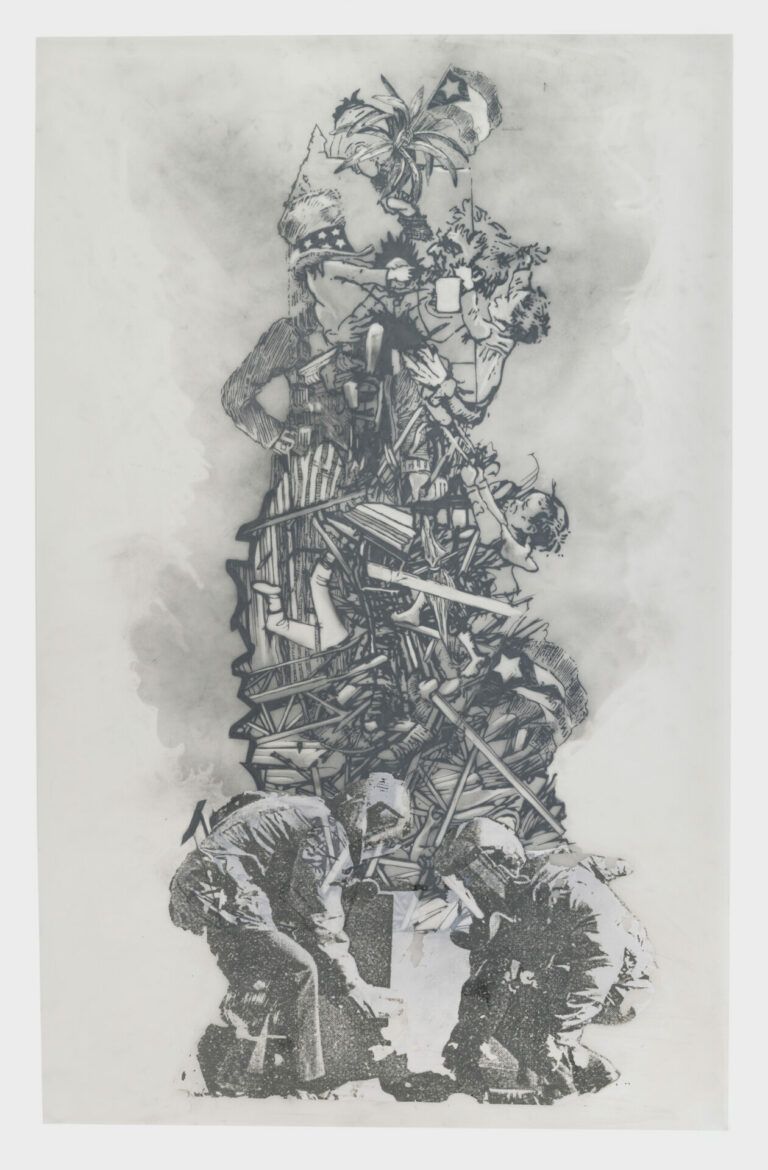 A collage of people holding up rubble with the Puerto Rican flag, Uncle Sam, and children inside.