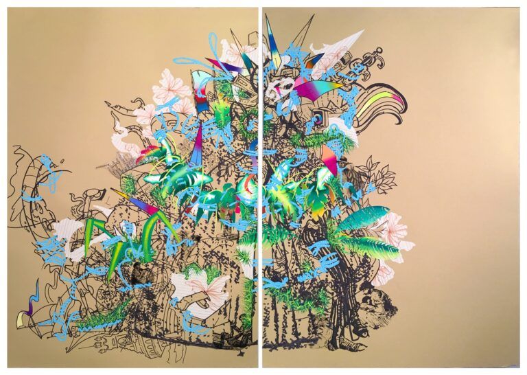 A collage of plants, ships, figures, and flowers with colorful painted additions.