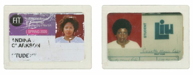 Two student ID cards, one from FIT 2020 (Andina) and a vintage one from LIU (her aunt).