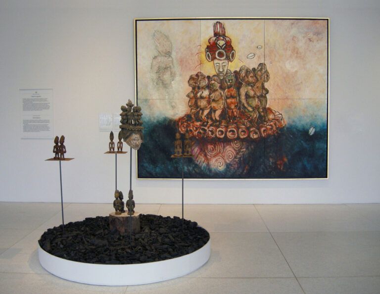 Encaustic painting of Nigerian fertility statues and masks.