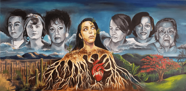 Painting that depicts the artist flanked by her female ancestors. The artist's torso is made of roots that turn into a red heart.