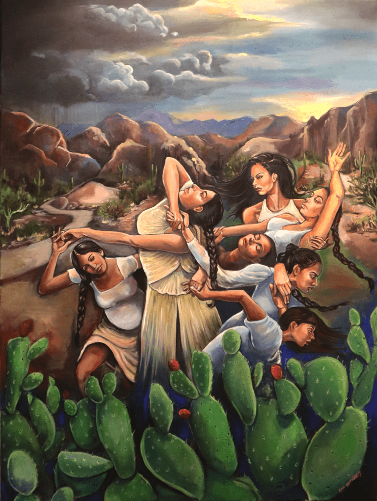 Painting depicting women in a "knot" or dance-like formation surrounded by cacti and desert.