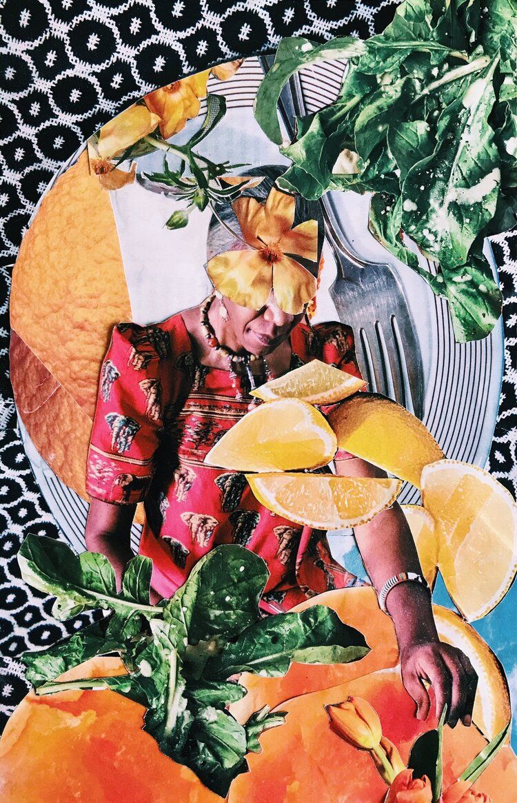 A paper collage of an older woman in a colorful dress surrounded and obscured by fruit and utensils.