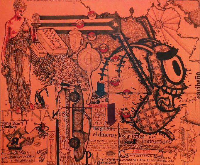 Pop culture references like Pokemon and Spongebob combined with classical marble statues and cars in a collage style drawing.