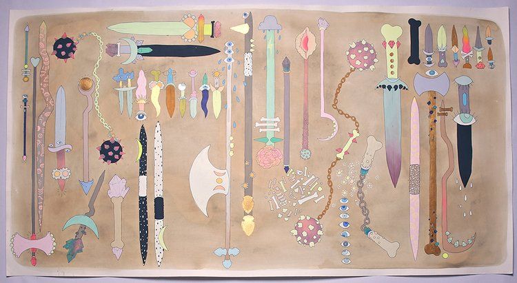 Colorful illustration of fantastical weapons laid out next to each other.