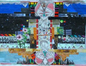 A layered quilted collage of flowers, people, and rainbows.