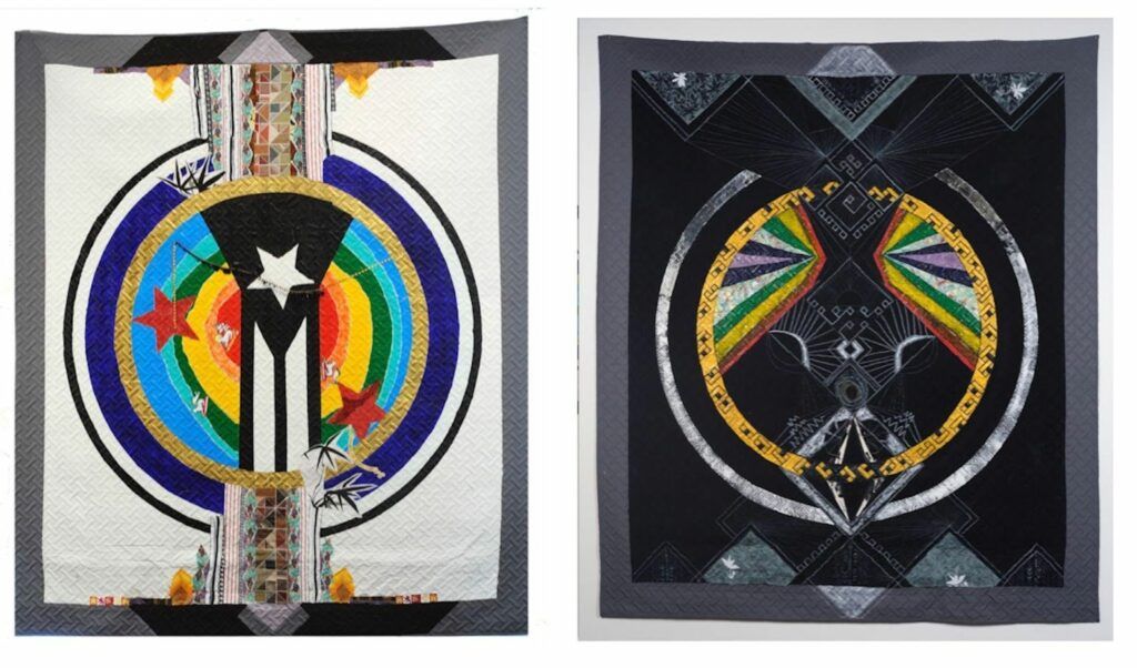 Two sides of a vertical quilt side by side. One of the left features a circular rainbow and the Puerto Rican independence flag. The one on the right features prism-like structures that reflect two rainbows on either side.