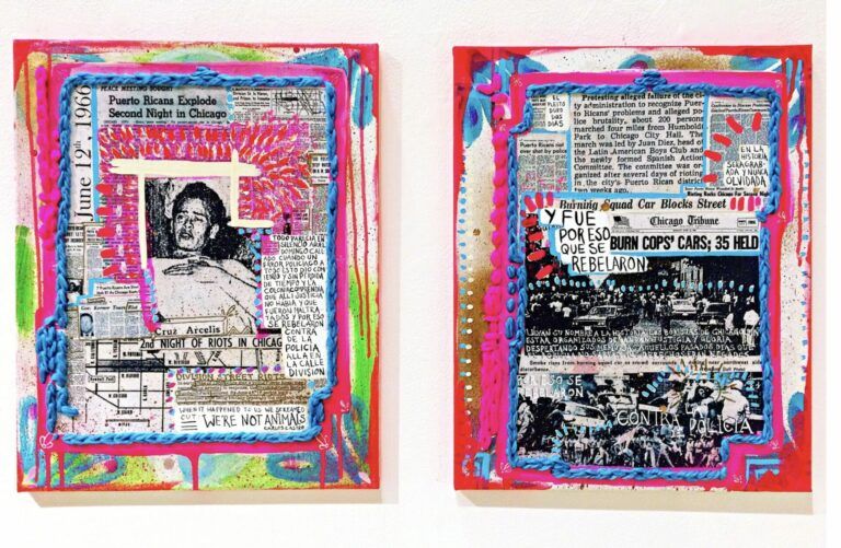 Set of two mixed media collages on canvas memorializing the Chicago Riots in Humboldt Park affecting the Puerto Rican community in 1966 & 1968.