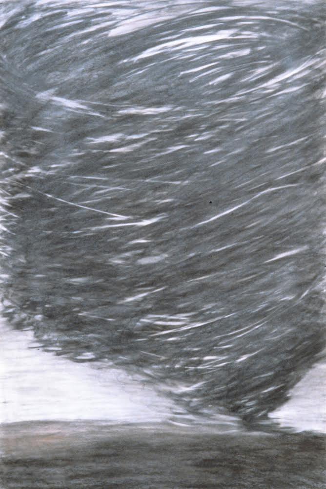 Drawing of what looks like a tornado touching the ground.