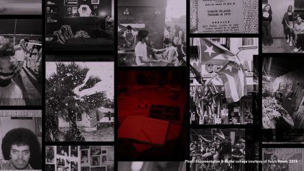 Digital collage in black, white, and red of images of flags, people and rain.