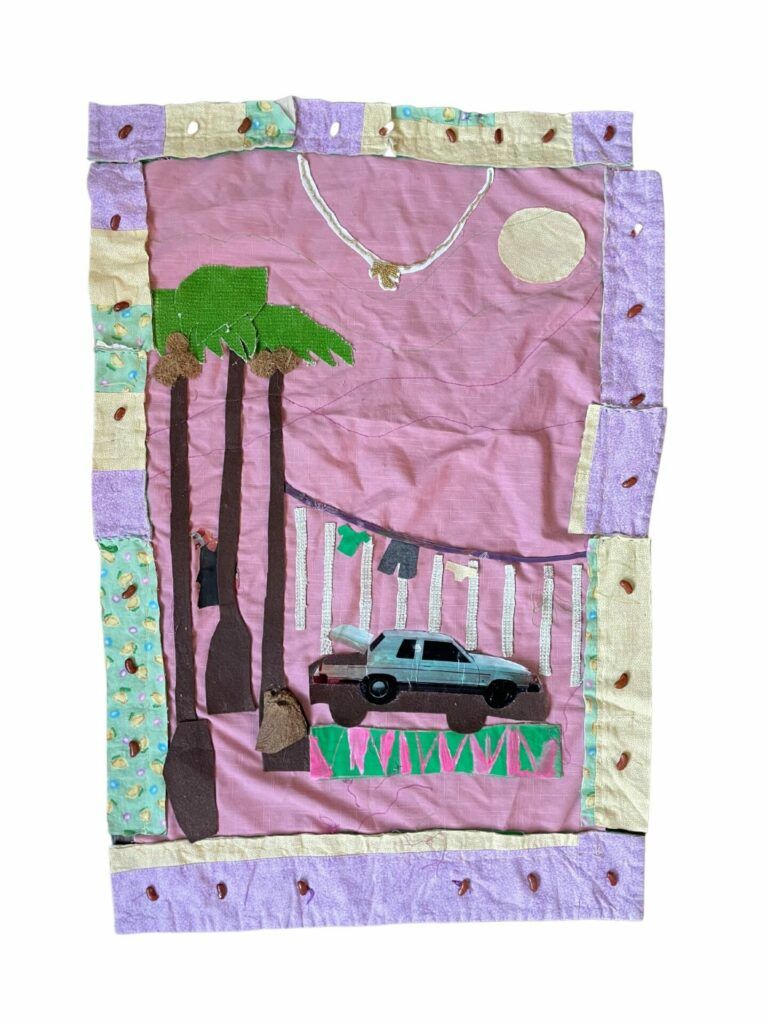 Pastel-colored image of a car, palm trees, and a pink sky