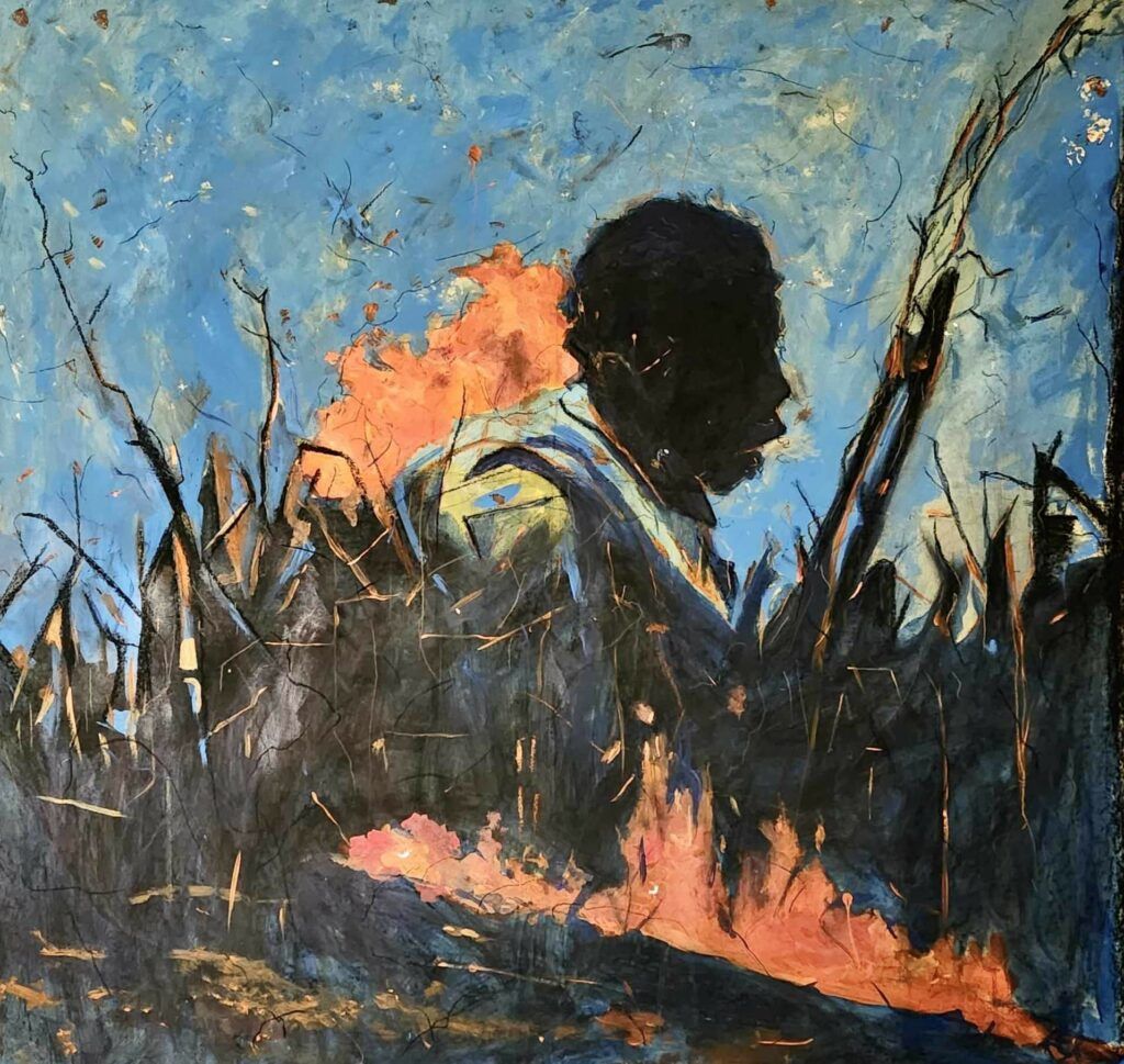 Painting of a man burning in a patch grass.