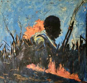 Painting of a man burning in a patch grass.