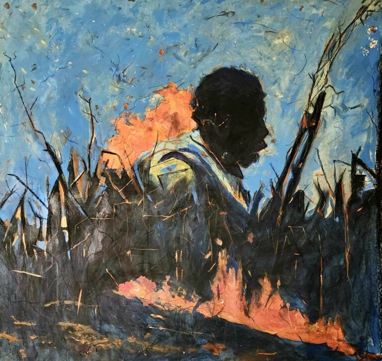 Painting of a man burning in a patch grass.