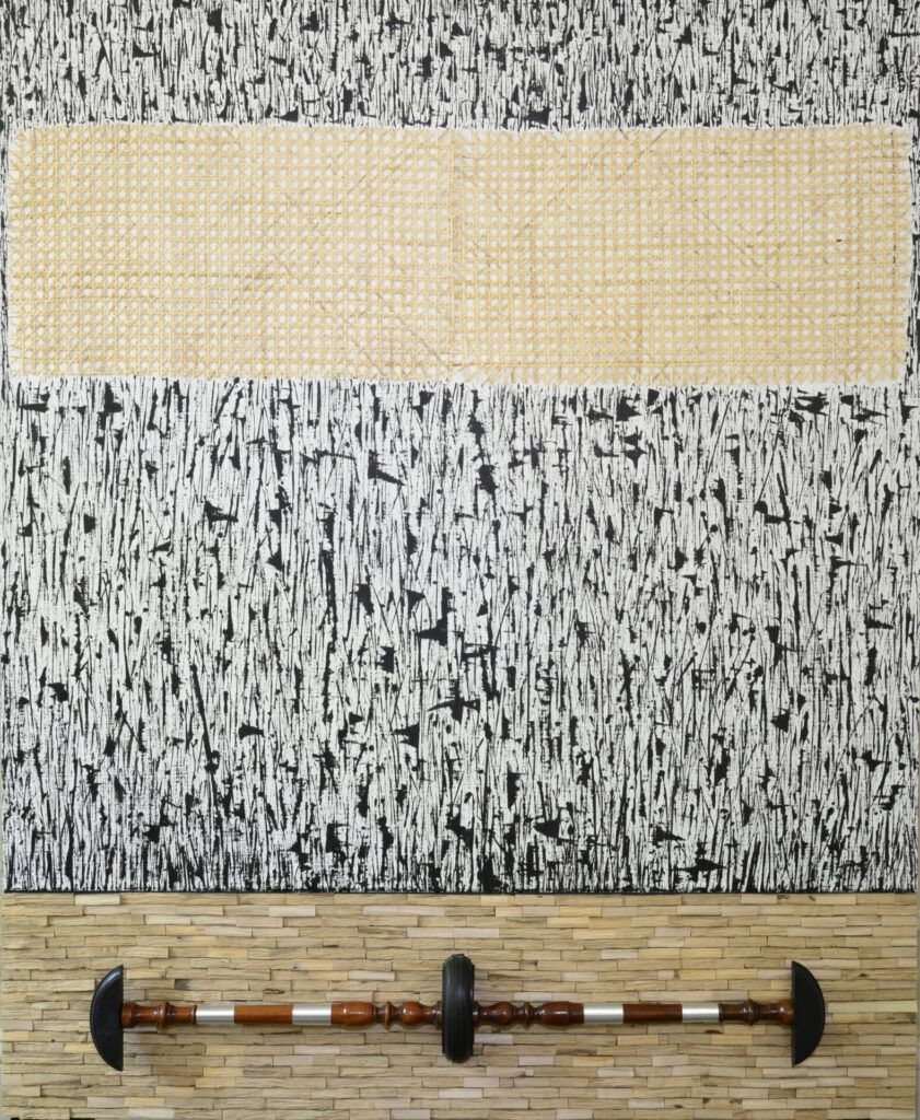 Objects and painting on canvas and wicker straw.