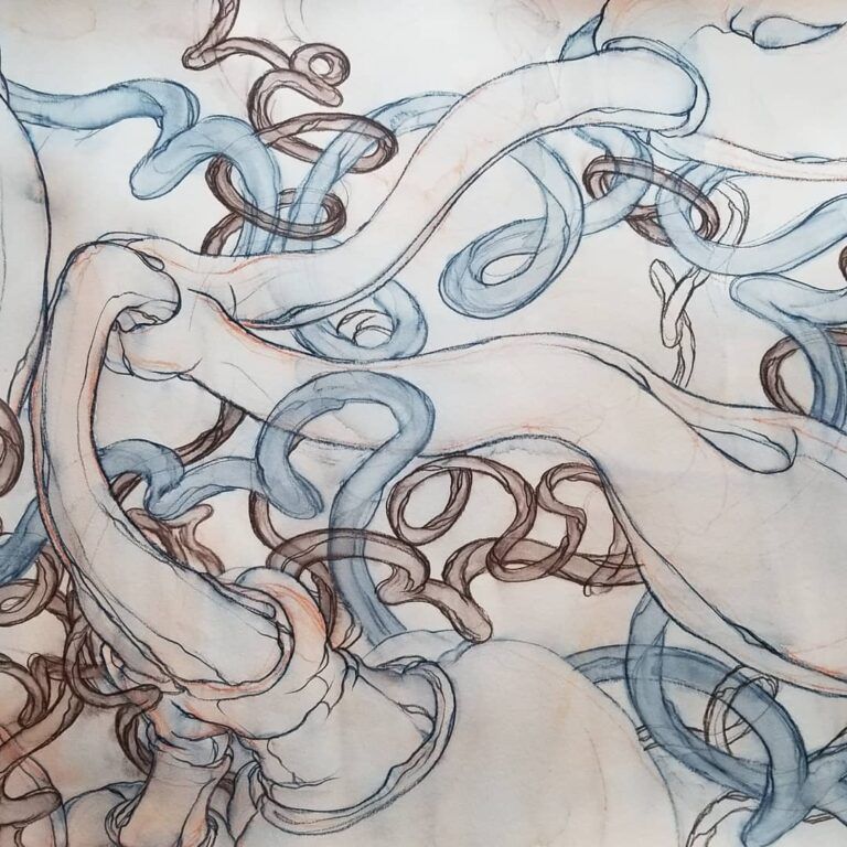 Two large organic vegetation shapes, seemingly splinting or coming apart, intertwined with blueish, sinuous shapes. Rendered with blue lines and orange tones