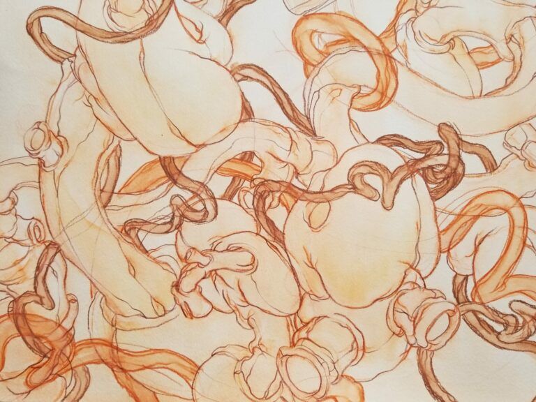 Crowding of various organic shapes rendered in orange and earth tones.