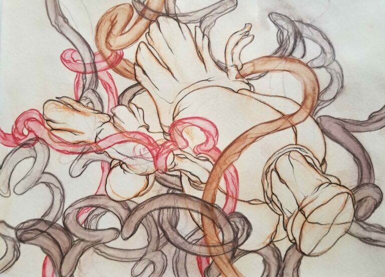 A large pod-like shape seems suspended, embraced or surrounded by various sinuous shapes, rendered in earth tones.