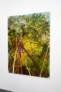 Mangroves painted in oranges and greens. Viewed from below.