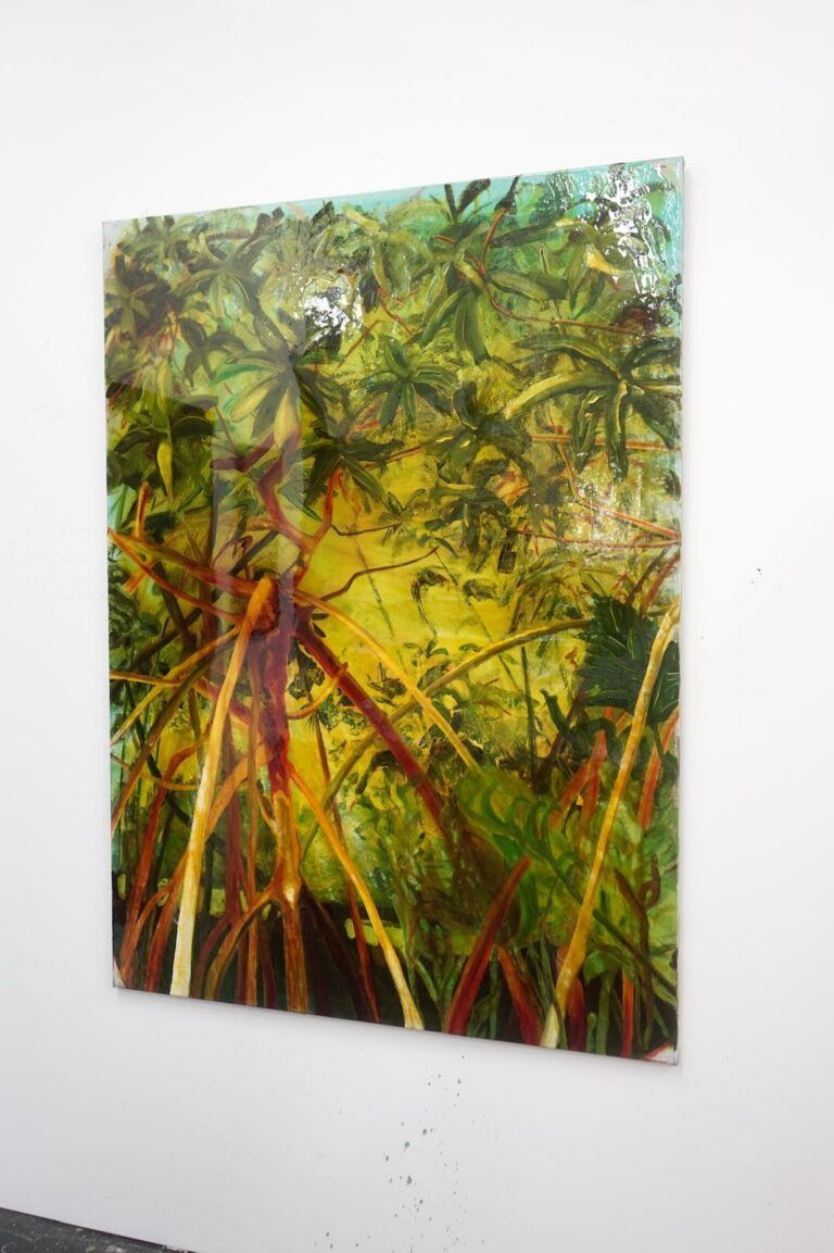 Mangroves painted in oranges and greens. Viewed from below.