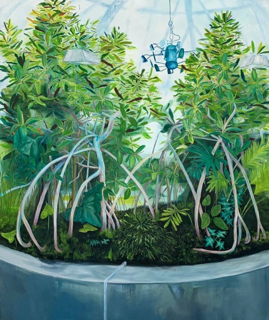 Mangroves painted in green and blue.