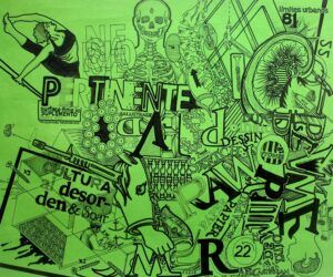 Ink drawing of medical diagrams, figures, text, on a green background.