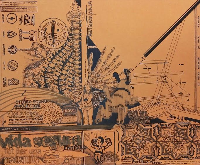 Collage of architectural diagrams, biology, tile designs, and advertisements.