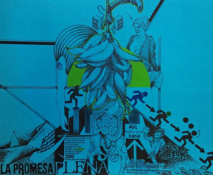 Ink drawing of a collaged image. It includes a paper boat, exit sign signage, skeletal systems, bananas, and text.