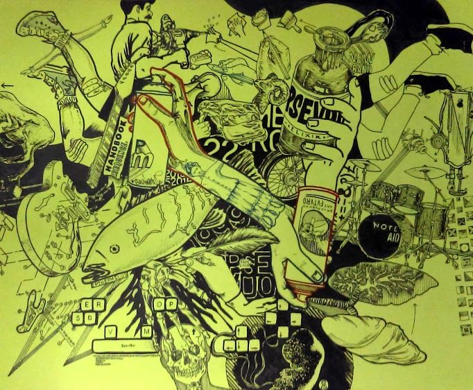 Collage making commentary on drugs, work, and health.