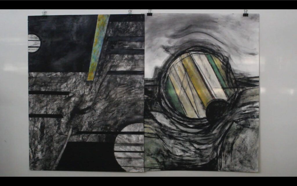 Abstract painting, mostly black and white with some green and yellow.