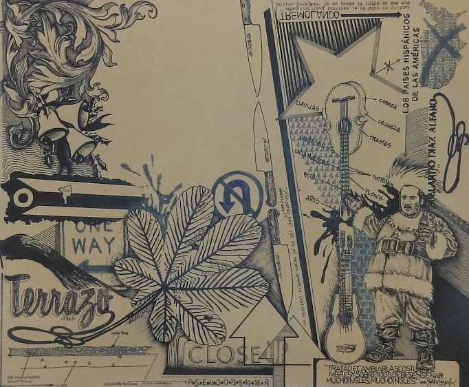 Ink drawing of filigree, bells, a performer, knives, and assorted imagery.