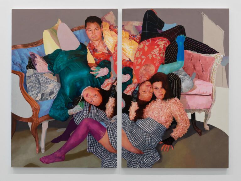A group of people dressed extravagantly, lounging on a fancy couch. They wear florals, jewel tones, and ruffles. The colors are bold. The image is comprised of two canvases.