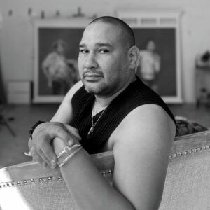 David Antonio Cruz in black and white in his studio.