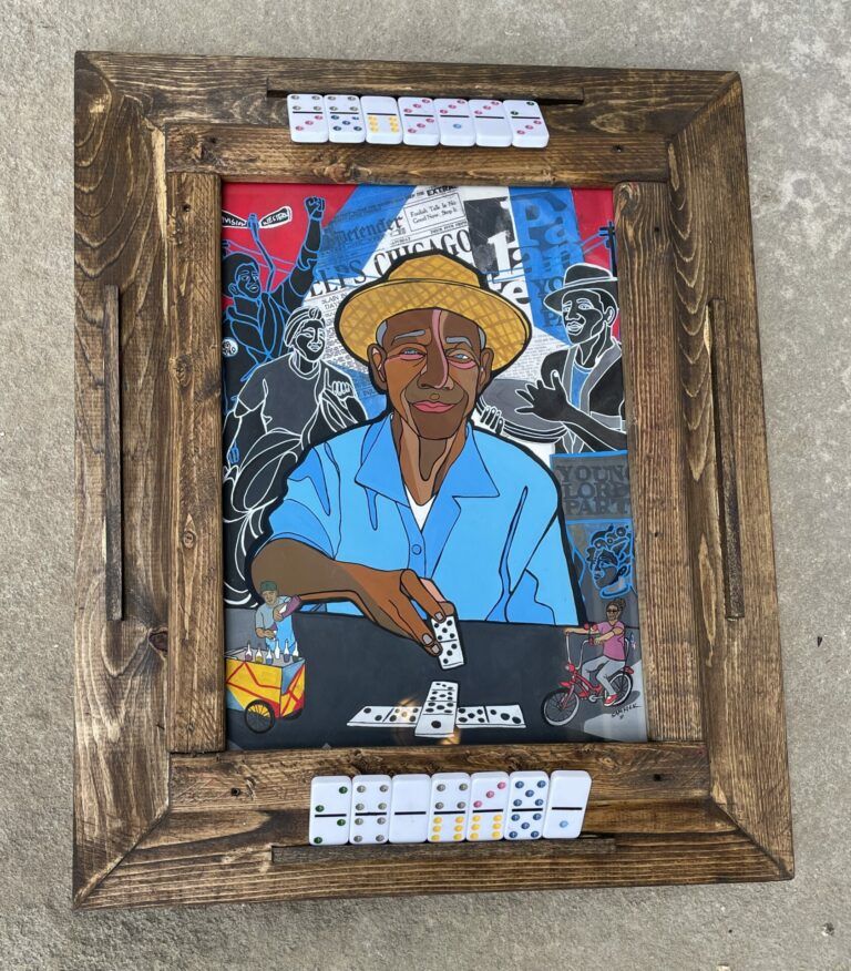 A domino table with a painting of a man playing dominos. There are smaller paintings of music and dance, a piragua cart, and a bike.