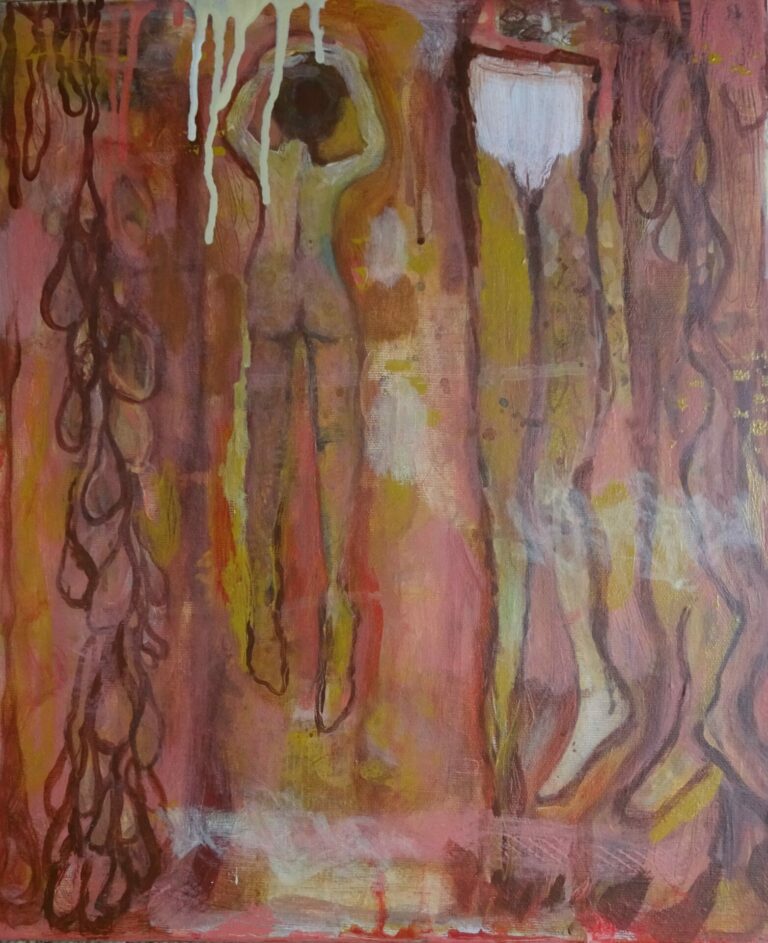 Painting of colorful figures on stretched canvas.