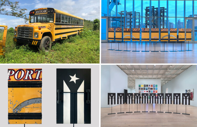 School bus sidings repurposed into protest shields with the PR independence flag on it.