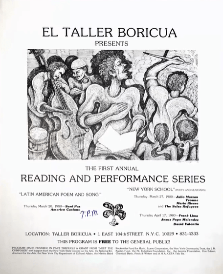 Poster listing performances for Taller Boricua. The image shows a gathering of musicians and artists.