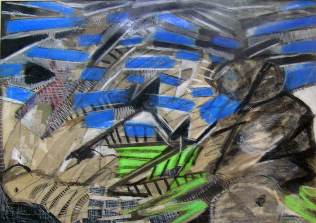 A green house being torn apart by a blue storm.