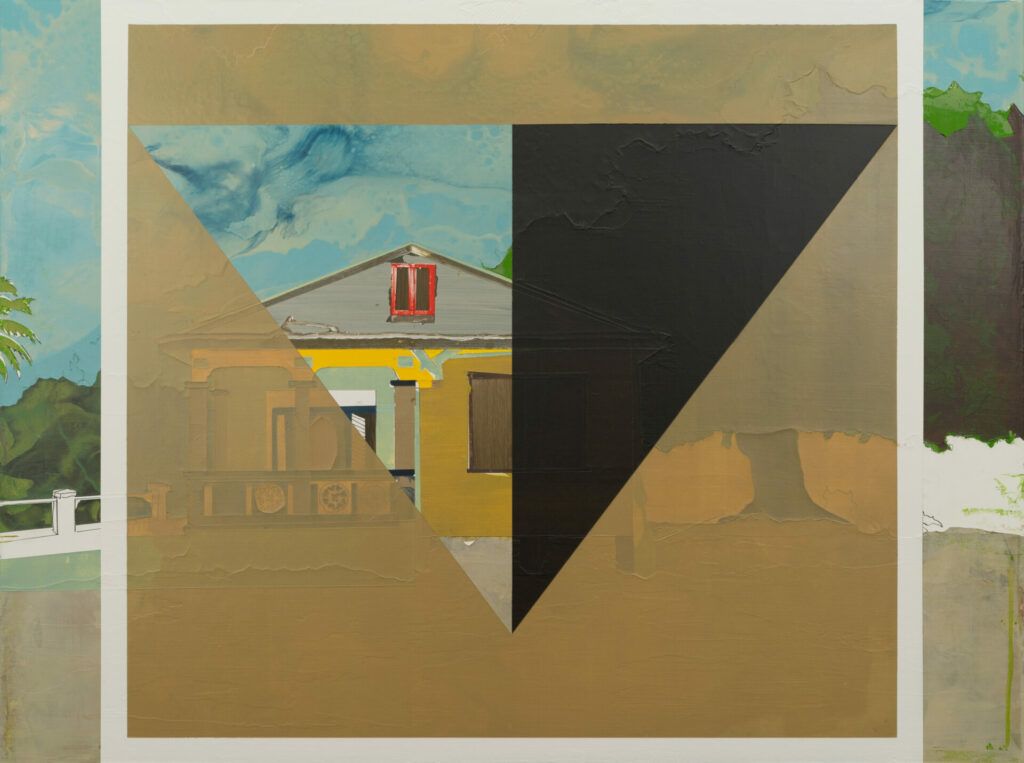 Image of a painting of a house with a tree on its right side. Overlayed on top of the house and landscape is a brown square with a white border; inside the square is an upside down triangle split in half. One side of the triangle reveals the house underneath and the other is painted black.