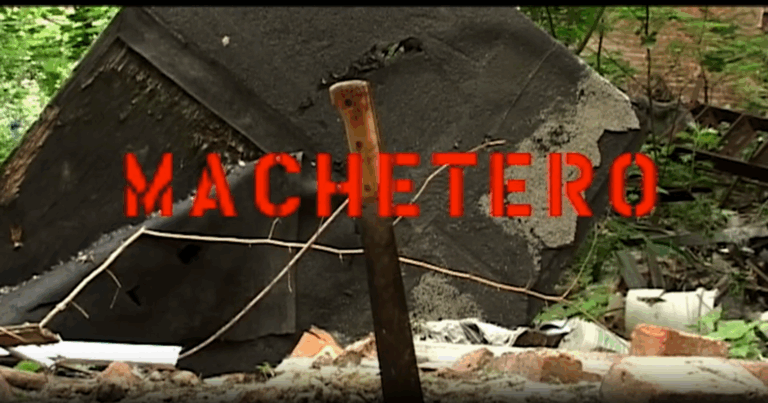 Red text over an image of a machete in the ground.