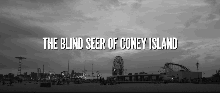 Black and white view of Coney Island with white title text over the image.